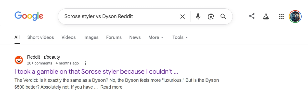 Google Search Page 1 Result showing Reddit post